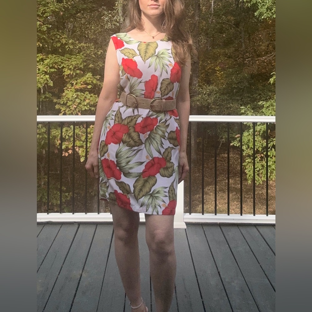 Vintage 1990’s Just Cruising Floral Sleeveless Dress W/ Red Hibiscus Size XL